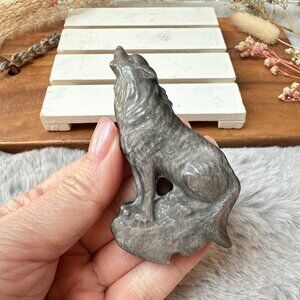 Beautiful Silver Sheen Obsidian Wolf Carving